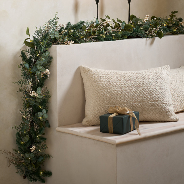 The White Company 250cm Pre-Lit Frosted Eucalyptus Garland, Green