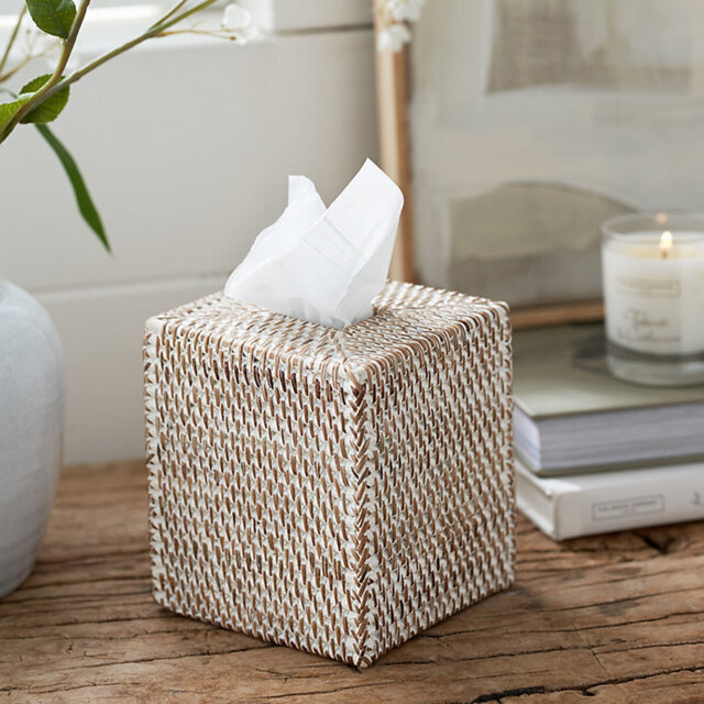 The White Company Whitewashed Rattan Tissue Box Cover, White, Size: One Size - image 1