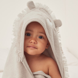 The White Company Organic Cotton Lion Hooded Baby Towel, Pebble, Size: One Size - thumbnail 1
