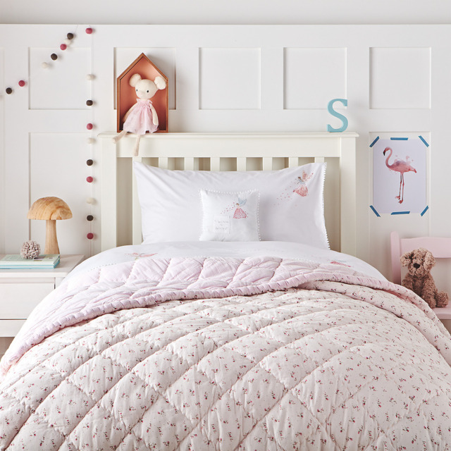 The White Company Cot Bed Reversible Floral Pom Pom Quilt