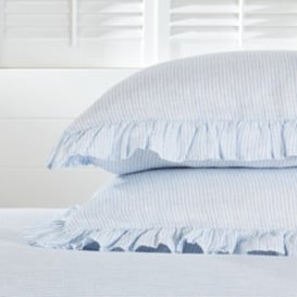 Luxurious Kara Hemp Fine-Stripe Oxford Pillowcase in White/Blue - Super King Size - thumbnail 1