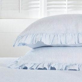 Luxurious Kara Hemp Fine-Stripe Oxford Pillowcase in White/Blue - Super King Size