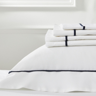 Luxurious Savoy Flat Sheet in White and Navy Blue - 400-Thread-Count Egyptian-Cotton Percale - image 1
