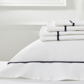 Luxurious Savoy Flat Sheet in White and Navy Blue - 400-Thread-Count Egyptian-Cotton Percale - thumbnail 1