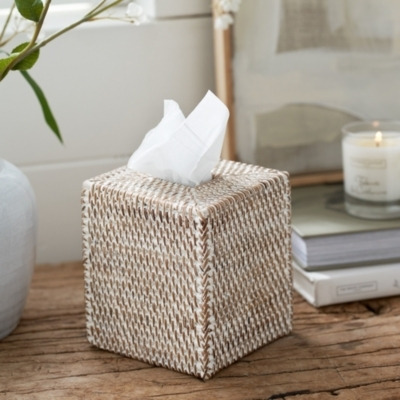 Whitewashed Rattan Tissue Box Cover, White, One Size - image 1