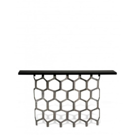 Porta Romana I Honeycomb Console Table - Decayed Silver with Black Lacquer Top