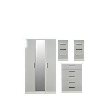 Swift Montreal Gloss Ready Assembled 4 Piece Package - 3 Door Mirrored Wardrobe, 5 Drawer Chest And 2 Bedside Chests - Fsc&Reg Certified