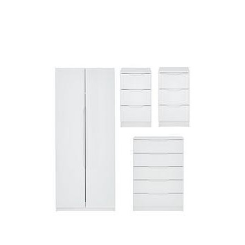 One Call Monaco Ready Assembled 4 Piece Gloss Package - 2 Door Mirrored Wardrobe, 5 Drawer Chest And 2 Bedside Chests
