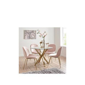 Very Home Chopstick 100Cm Round Brass Dining Table + 4 Penny Velvet Chairs - Brass/Pink