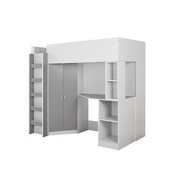Very Home Miami Fresh High Sleeper Bed with Desk, Wardrobe and Shelves - Grey - High Sleeper With Premium Mattress, Grey