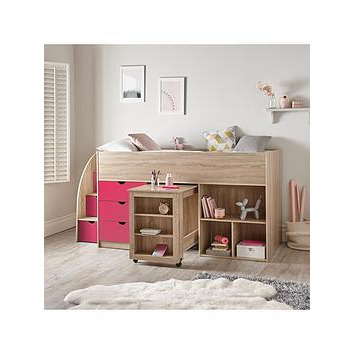 Very Home Mico Mid Sleeper Bed with Pull-Out Desk and Storage - Pink/Oak Effect - Mid Sleeper With Standard Mattress, Pink