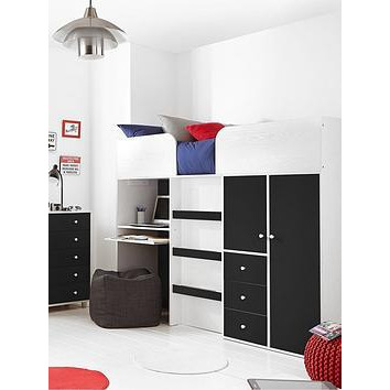 Very Home Miami Fresh Mid Sleeper with 3 Drawers 2 Cupboards & Pull Out Desk and Mattress Options - Black - Bed Frame Only, Black