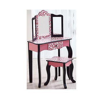 Teamson Kids Fantasy Fields Leopard Print Vanity Table, Stool and Mirror Set, Pink