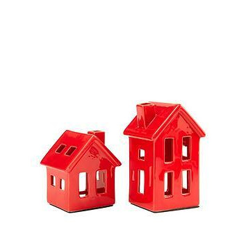 Very Home Set Of 2 Ceramic House Christmas Tealight Holders - Red