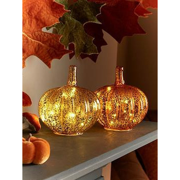 Set Of 2 Lit Glass Pumpkin Autumn Decorations