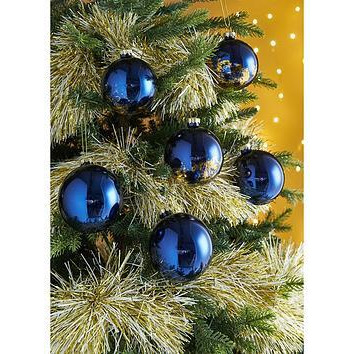 Festive 8 Navy Glass Baubles And Gold/White Tinsel Christmas Tree Decorations