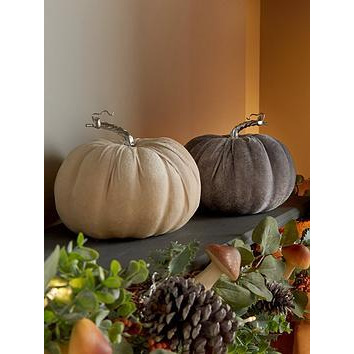 Heaven Sends Set Of 2 - Velvet Pumpkin Halloween Decorations - Cream And Grey