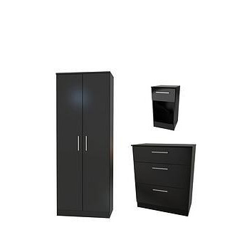 Swift Montreal Gloss 3 Piece Ready Assembled Package &Ndash 2 Door Wardrobe, 3 Drawer Chest And 1 Drawer Bedside Table - Black