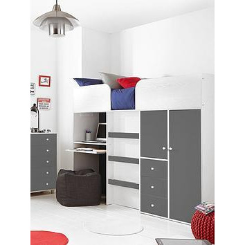 Very Home Miami Fresh Midsleeper Bed with Desk, Drawers, Cupboards & Mattress Options (Buy and SAVE!) - Grey - Mid Sleeper With Premium Mattress, Grey