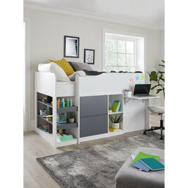 Very Home Emyl Mid Sleeper Bed with Desk, Shelves and Drawers - Bed Frame Only, White/Grey