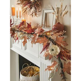 Very Home Lit Autumn Garland With Grasses, Pink Flowers And Pumpkins - 6Ft