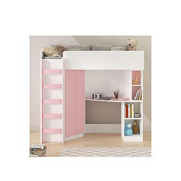 Very Home Miami Fresh High Sleeper Bed with Desk, Wardrobe, Shelves and Mattress Options (Buy and SAVE!) - Pink - Bed Frame Only, Pink