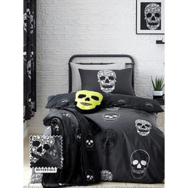 Catherine Lansfield Skulls Halloween Duvet Cover Set - Grey, Grey, Size Single