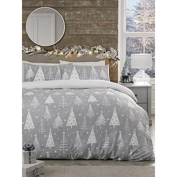 Very Home Festive Scandi Christmas Tree Printed Fleece Duvet Cover Set - Grey