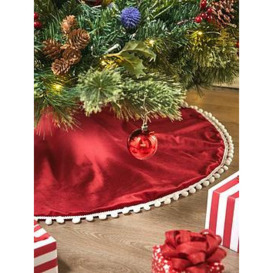 Very Home Red Velvet Christmas Tree Skirt With Pom Poms - 100 Cm