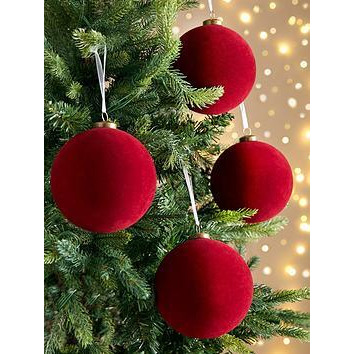 Very Home Set Of 4 Large Flocked Christmas Tree Baubles - Burgundy