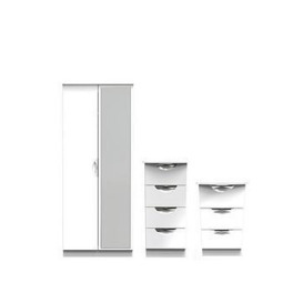SWIFT Alva Ready Assembled 3 Piece Package - 2 Door Wardrobe, 4 Drawer Chest and a Bedside Chest - White, White Gloss