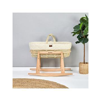 The Little Green Sheep Natural Quilted Moses Basket & Rocking Stand - Linen Rice Print, Linen