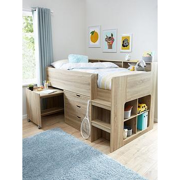 Very Home Aspen Mid Sleeper Bed Frame with Desk, Drawers and Shelves plus Mattress Options (Buy and SAVE!) - Natural - Bed Frame Only, Natural, Size Single 3Ft