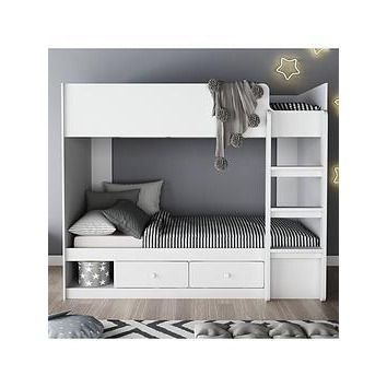 Very Home Peyton Bunk Bed Frame with Drawers and Mattress Options (Buy and SAVE!) - Bed Frame Only, White, Size Single 3Ft