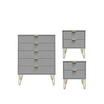 Swift Andie 3 Piece Ready Assembled Package - 5 Drawer Chest And 2 Bedside Chests - Grey