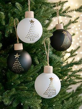 Very Home Set Of 4 Wood/Glass Noel Hanging Christmas Tree Decorations - Black/White