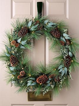 Very Home Pre Lit Christmas Wreath With Green Berries And Pinecones