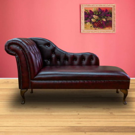 "60"" Large Deep Buttoned Chesterfield Oxblood Genuine Leather Chaise Longue"