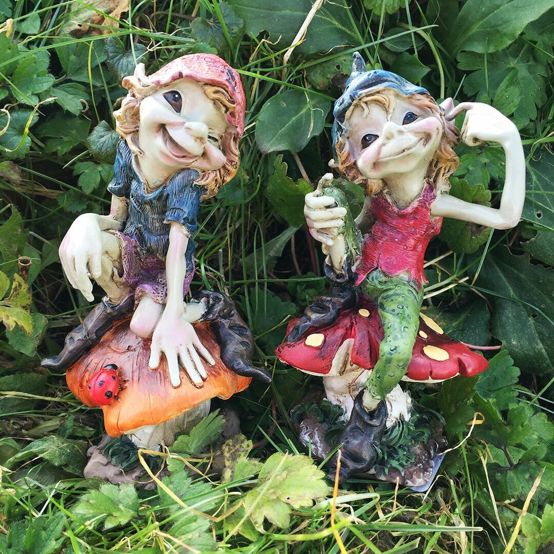 2 Piece Pixie Sat on Mushrooms Outdoor Garden Statue Set