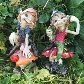 2 Piece Pixie Sat on Mushrooms Outdoor Garden Statue Set
