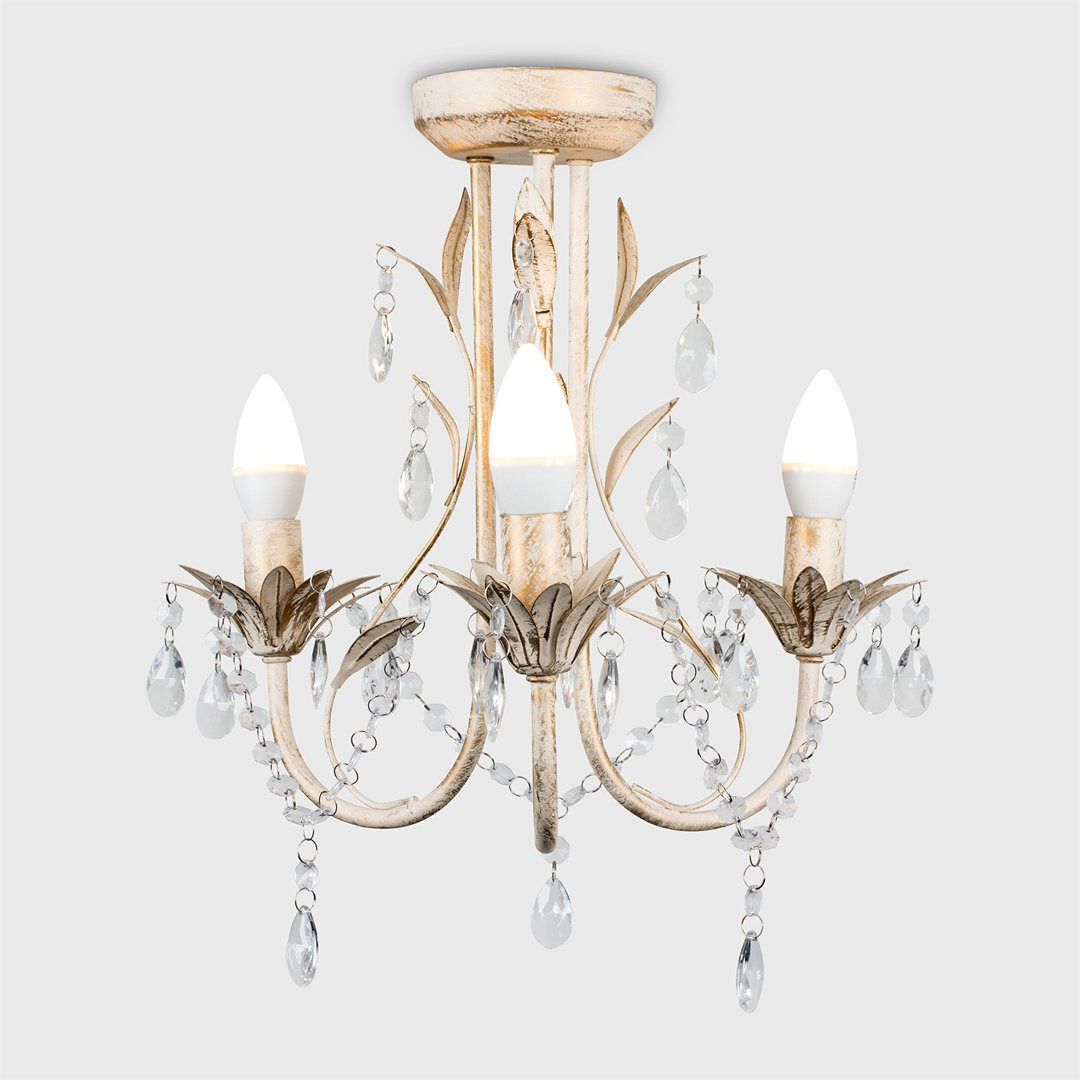 Traditional Style Distressed Gold/Cream Shabby Elegance 3 Way Ceiling Light Chandelier Fitting With Decorative Clear Acrylic Jewel Beads