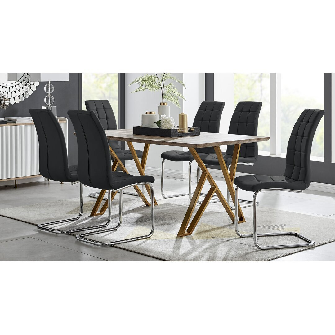 Tarrant Statement High Gloss & Metal Dining Table Set with 6 Modern Faux Leather Chairs