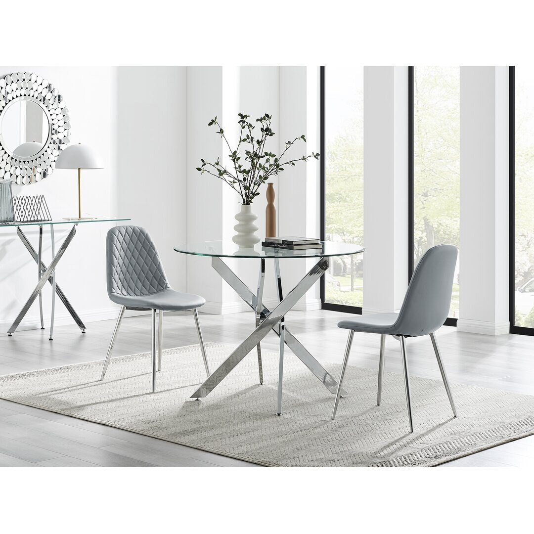 Chowchilla Luxury Chrome and Glass Round Dining Table Set with 2 Faux Leather Dining Chairs