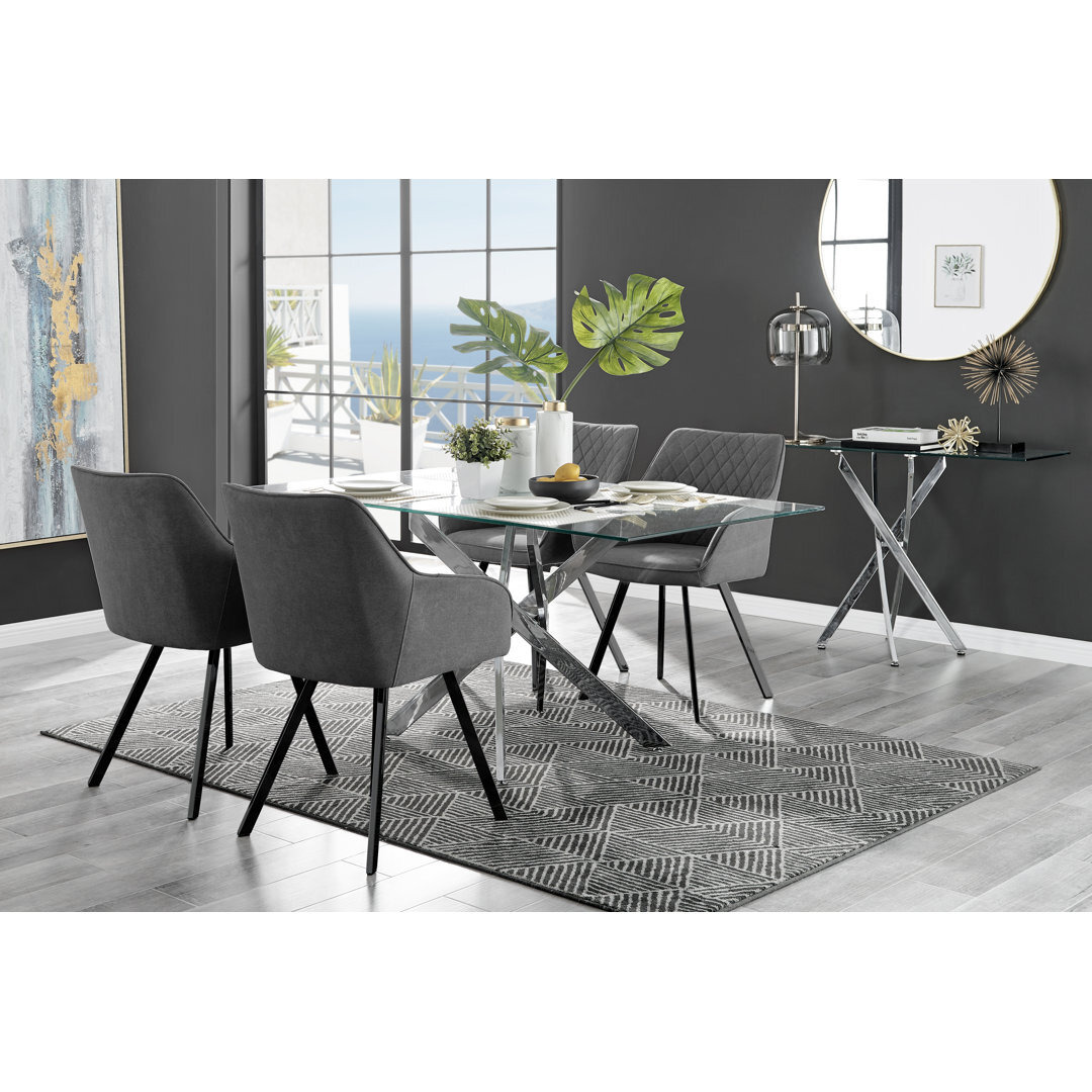 Lenworth Chrome and Glass Rectangular Dining Table Set with 4 Luxury Upholstered Fabric Chairs