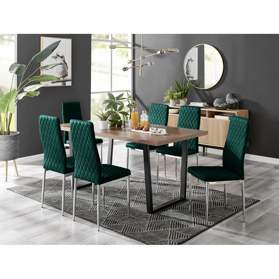 Kylooe Modern Black Metal Dining Table Set With 6 Quilted Velvet Dining Chairs