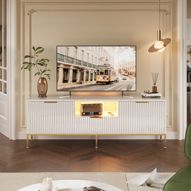 Fluted TV Stand, Glossy Media Console with Wave Pattern Buffet Cabinet