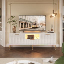 Fluted TV Stand, Glossy Media Console with Wave Pattern Buffet Cabinet