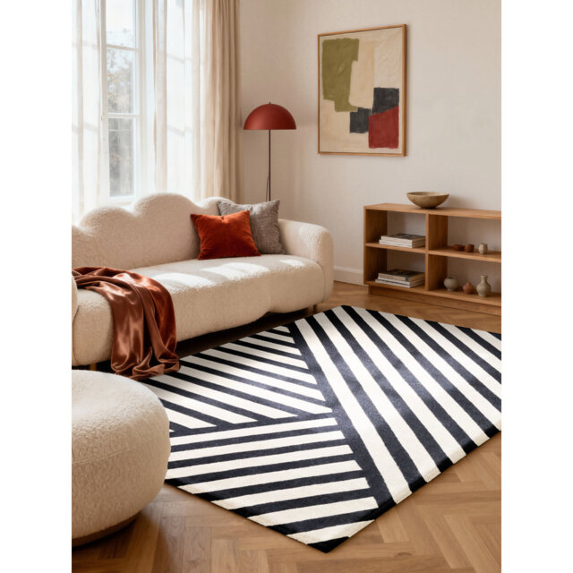 Elle Decoration Noir - Woolen Rug, Natural Rug, Geometric Black & White Design for Living room, Bedroom, Diningroom