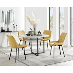 Adler Modern Concrete Effect Round Dining Table Set with Shelf & 4 Luxury Velvet Dining Chairs