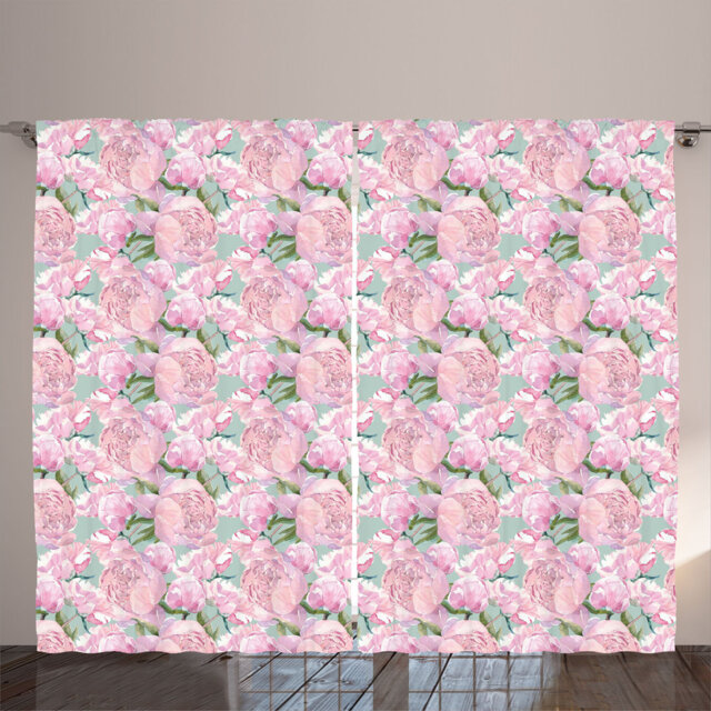 Rustic curtain, pastel colored peonies, flowery, light pink almond green